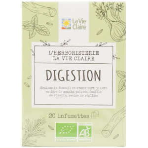 Infusion digestion, graines de fenouil et d'anis vert, plante entière de menthe poivrée, feuille de romarin, racine de réglisse.