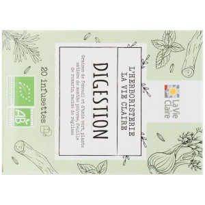 Infusion digestion, graines de fenouil et d'anis vert, plante entière de menthe poivrée, feuille de romarin, racine de réglisse.