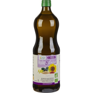 Huile 5'Claire: huile d'olive vierge extra 51%, huiles vierges de tournesol, sésame, colza et carthame.