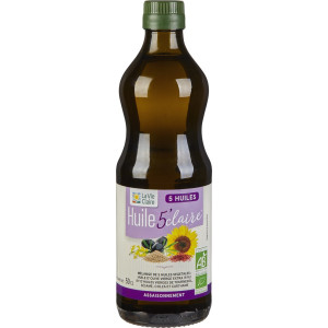 Huile 5'Claire: huile d'olive vierge extra 51%, huiles vierges de tournesol, sésame et carthame.