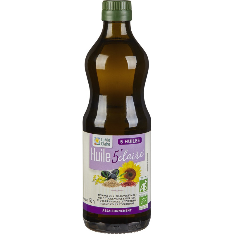 Huile 5'Claire: huile d'olive vierge extra 51%, huiles vierges de tournesol, sésame et carthame.