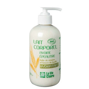 Lait corporel, avoine épeautre, huile de sésame et beurre de karité, hydratant.