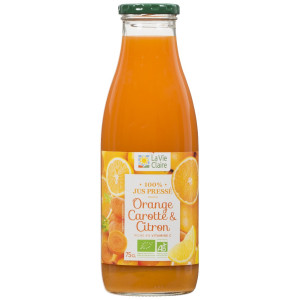 Jus d'orange, carotte et citron pasteurisé, 100% jus pressé.