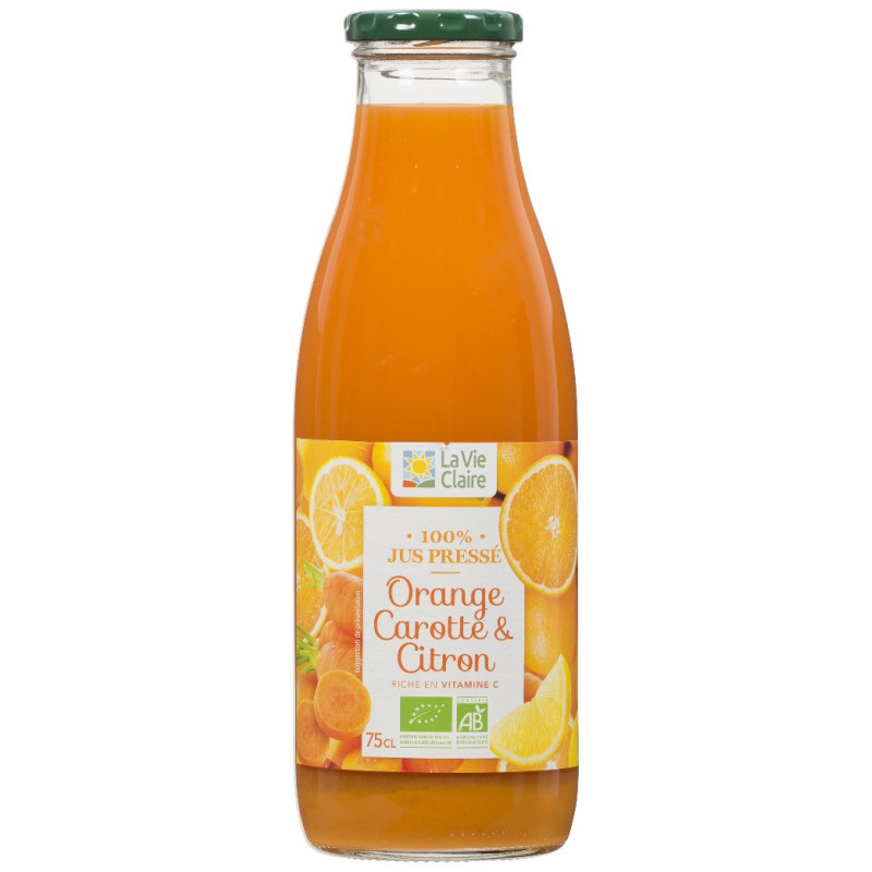 Jus d'orange, carotte et citron pasteurisé, 100% jus pressé.