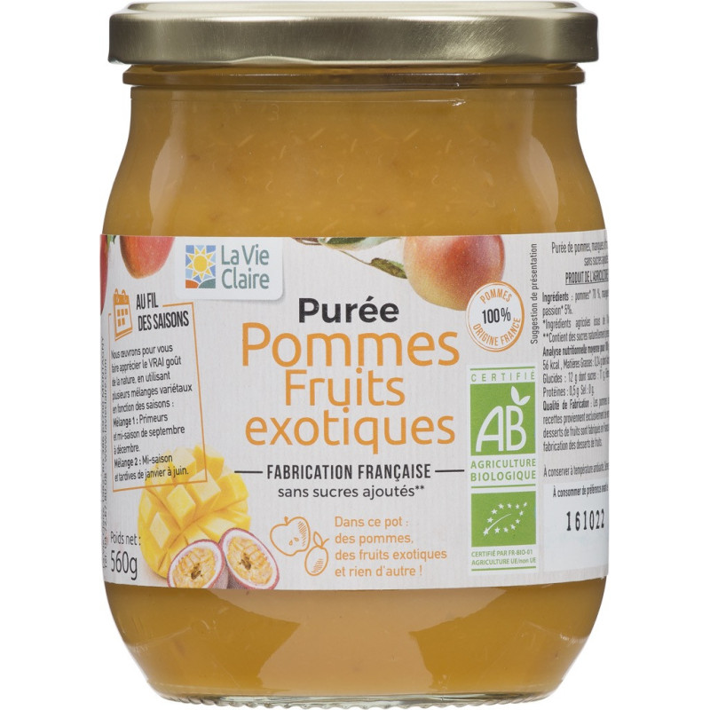 Purée pommes fruits exotiques sans sucres ajoutés bio. Purée pommes fruits exotiques sans sucres ajoutés bio.