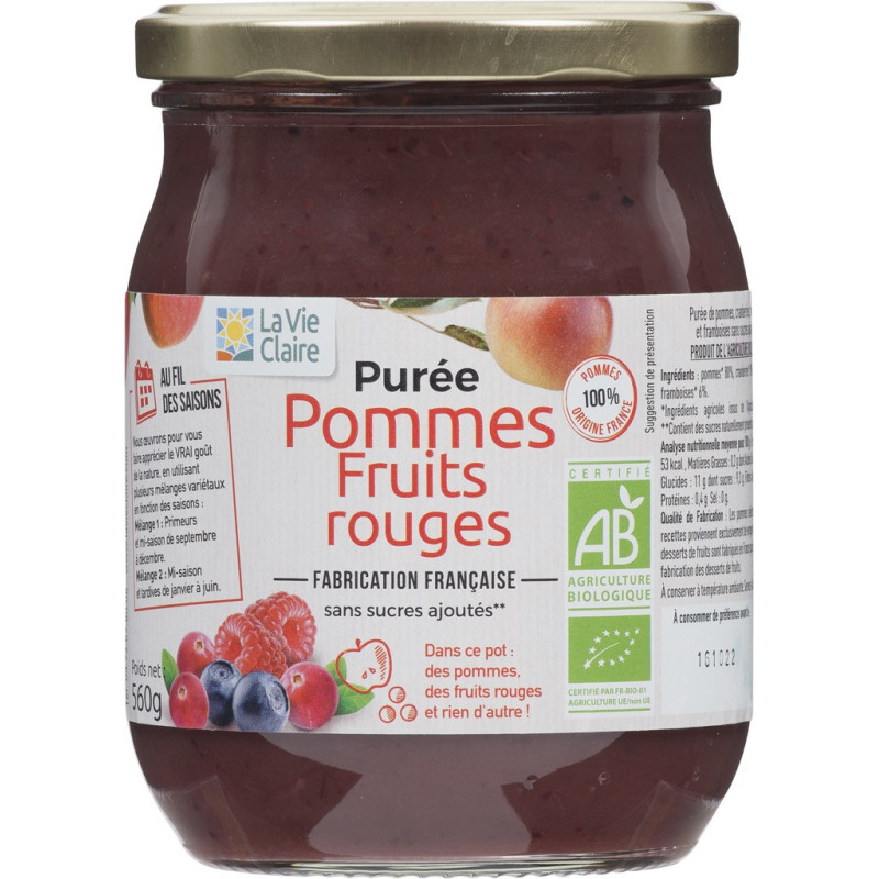 Purée pommes fruits rouges (cranberries, myrtilles et framboises) sans sucres ajoutés.