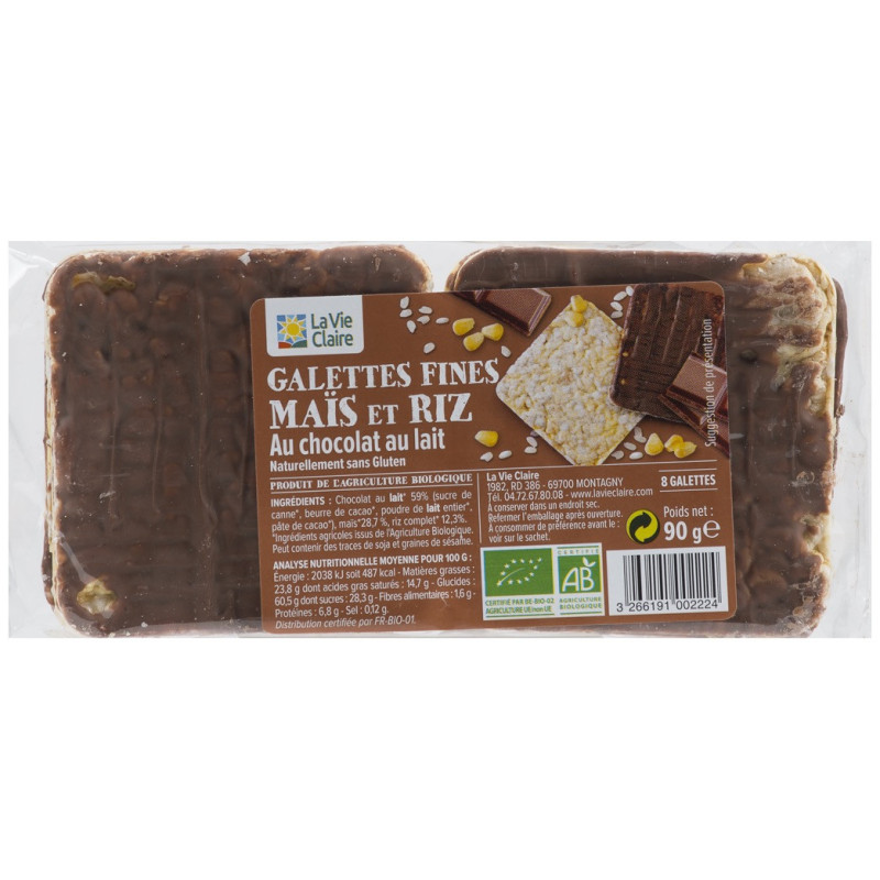 Galette fines maïs et riz, au chocolat au lait Galette fines maïs et riz, au chocolat au lait