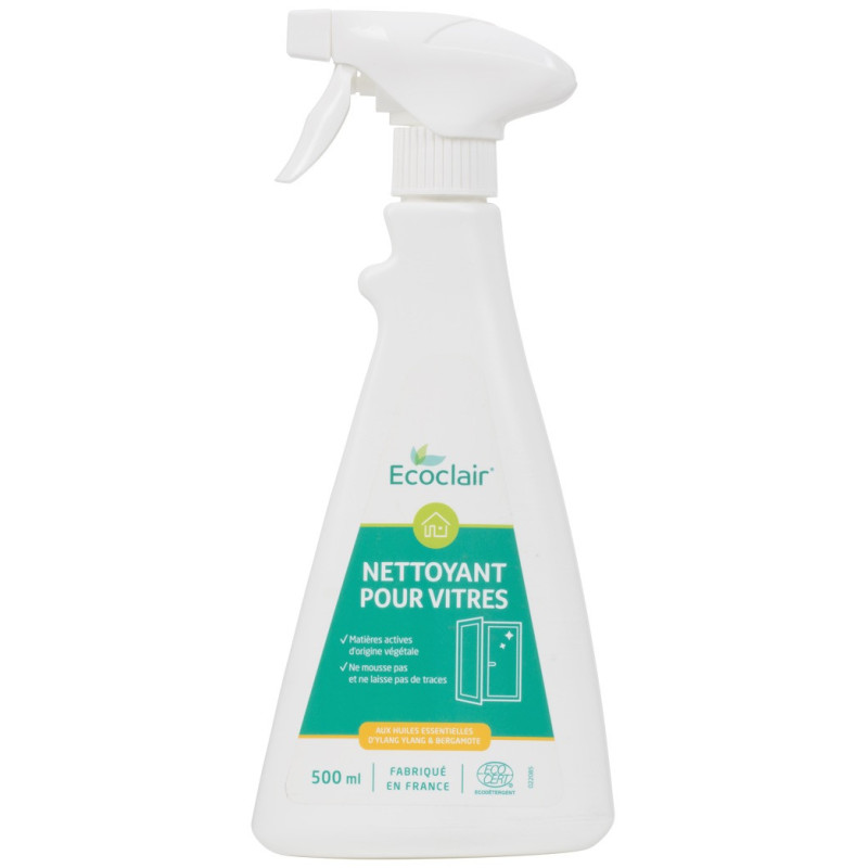 Nettoyant pour vitres Ecoclair aux huiles essentielles d'ylang ylang et bergamote.