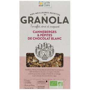 Granola canneberges avec pépites de chocolat blanc, torréfié, bio.