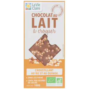 Chocolat au lait, croustillant au riz et au quinoa bio, 38 % de cacao minimum.