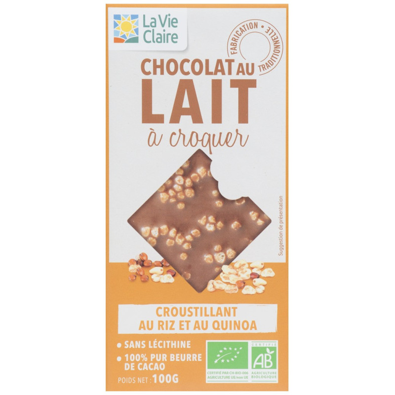 Chocolat au lait, croustillant au riz et au quinoa bio, 38 % de cacao minimum.