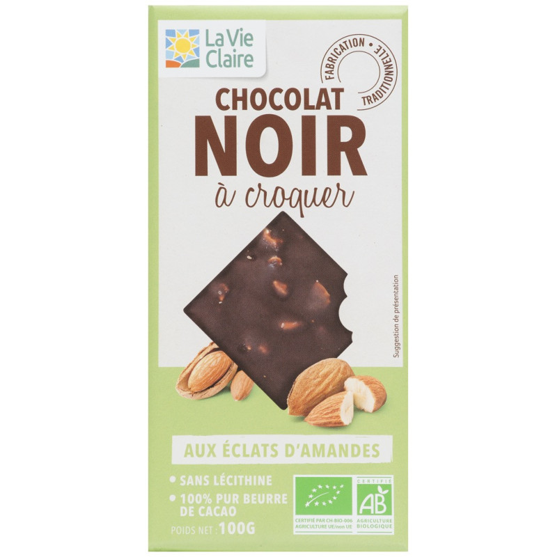 Chocolat noir aux éclats d'amandes, 55% de cacao minimum.