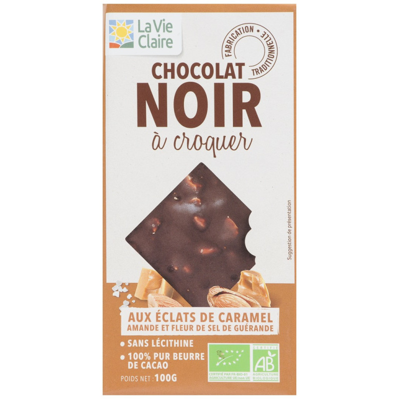 Chocolat noir, aux éclats de caramel amandes et fleur de sel de Guérande