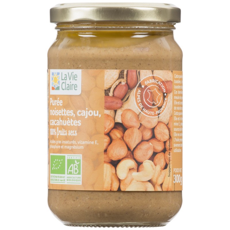 Purée noisettes, cajou, cacahuètes 100% fruits secs bio