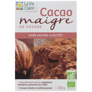 Cacao maigre en poudre, sans sucres ajoutés.